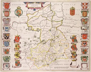 Cambridgeshire térképe, kiadó Amszterdam, 1647-48 körül (kézi színezésű metszet)